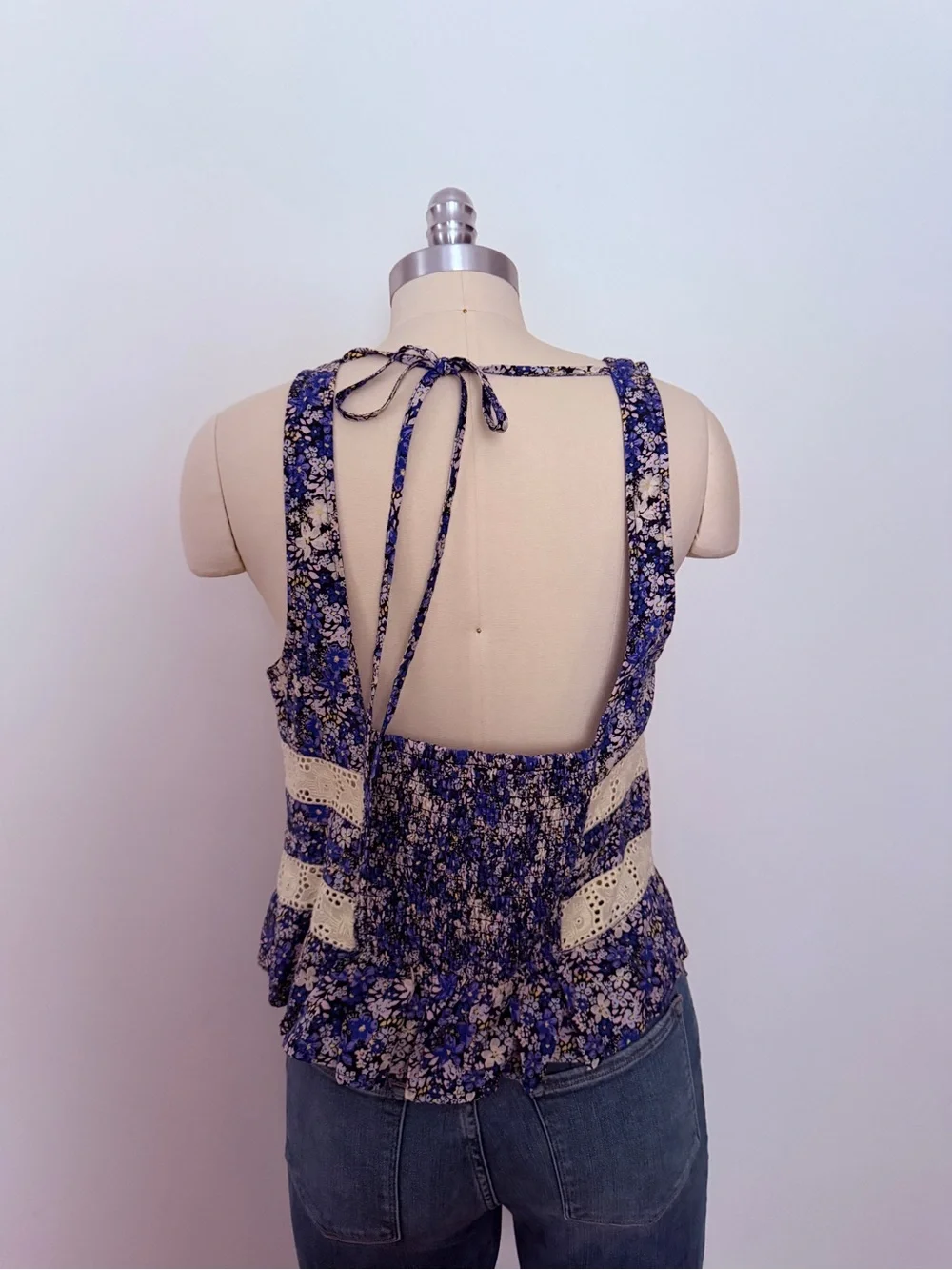 NWT Free People Blue Floral Lace Trim Open Back Tank